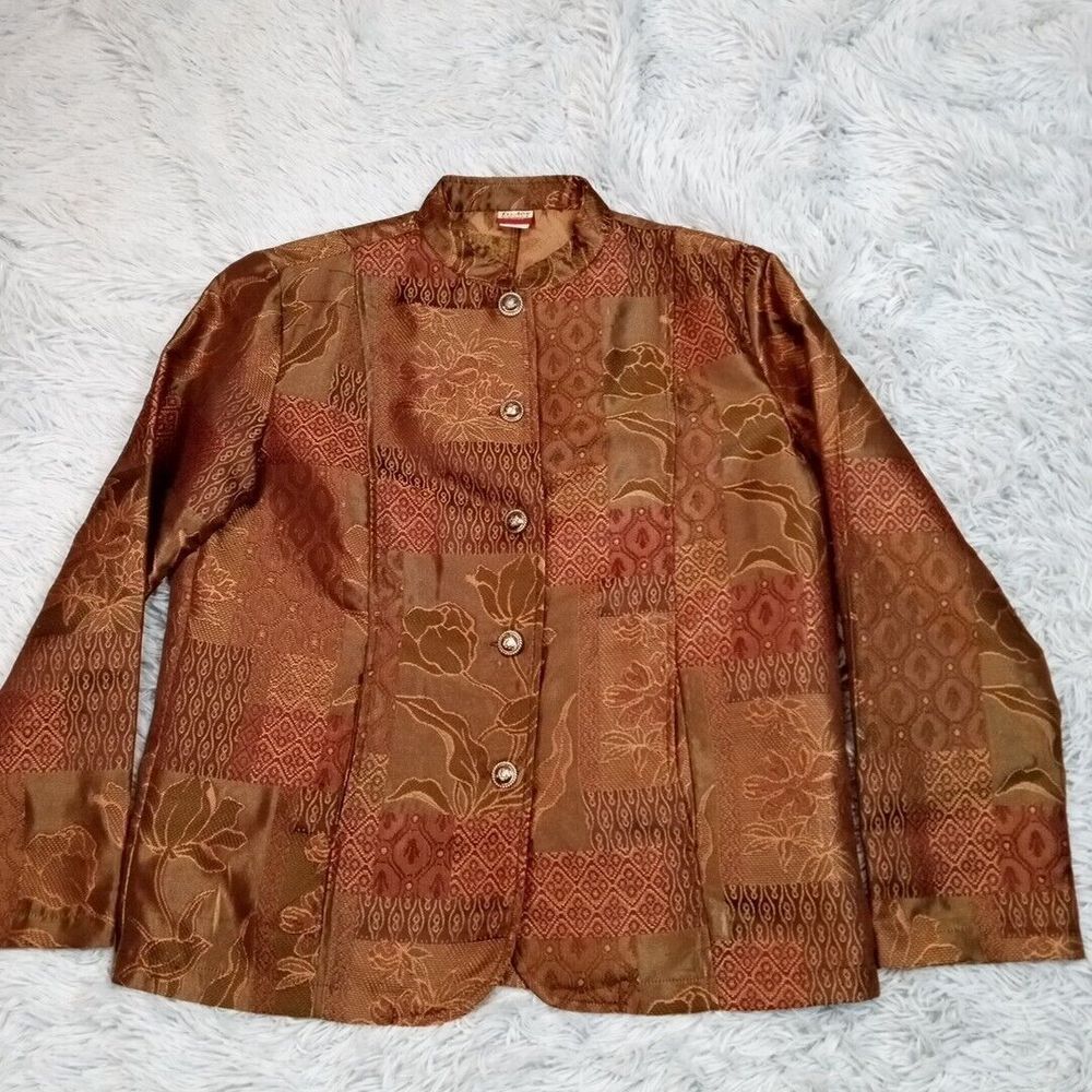 Tudor Court Jacket Womens S Brown Boho Asian Oriental Floral‎ Pockets Button Up